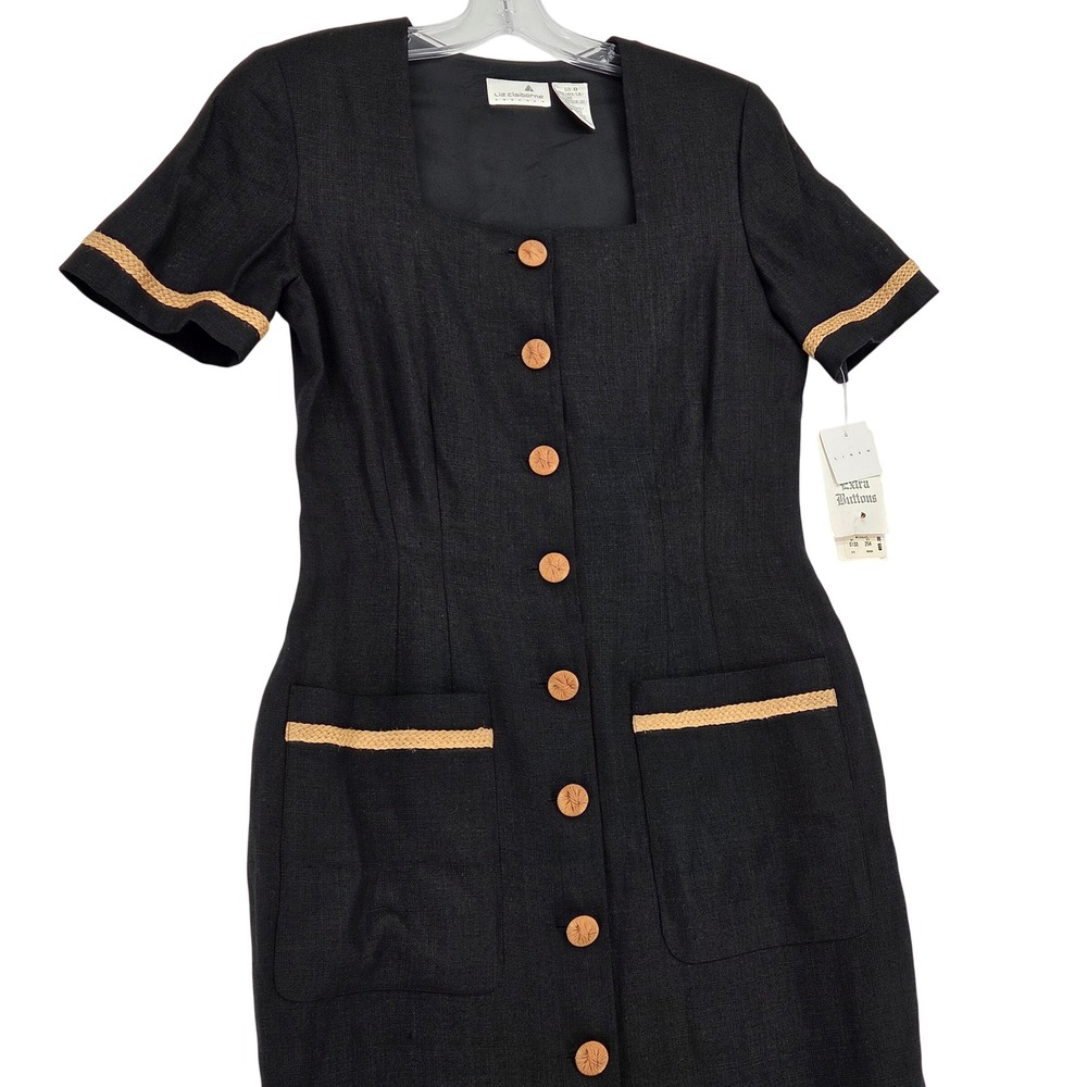Vintage Liz Claiborne‎ NEW Deadstock 8 Square Neck Linen Button Maxi Dress Black